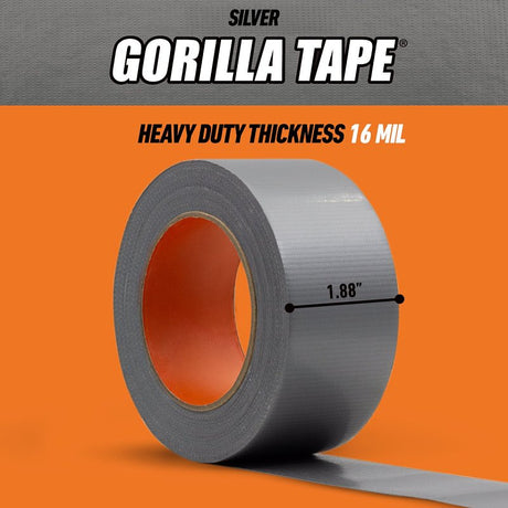 Gorilla 105634 Duct Tape, 30 yd L, 1.88 in W, Polyethylene-Coated Cloth Backing, Silver