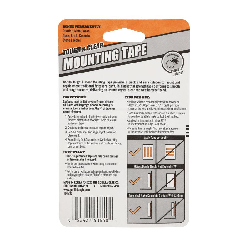 Gorilla 6065003 Mounting Tape, Double Sided, 60 in L, 1 in W