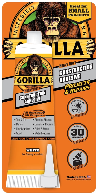 Gorilla 8120001 Construction Adhesive, White, 2.5 oz, Tube