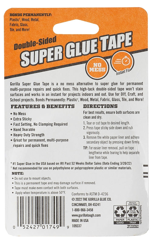 Gorilla 109340 Super Glue Tape, 20 ft L, 5/8 in W, Crystal Clear