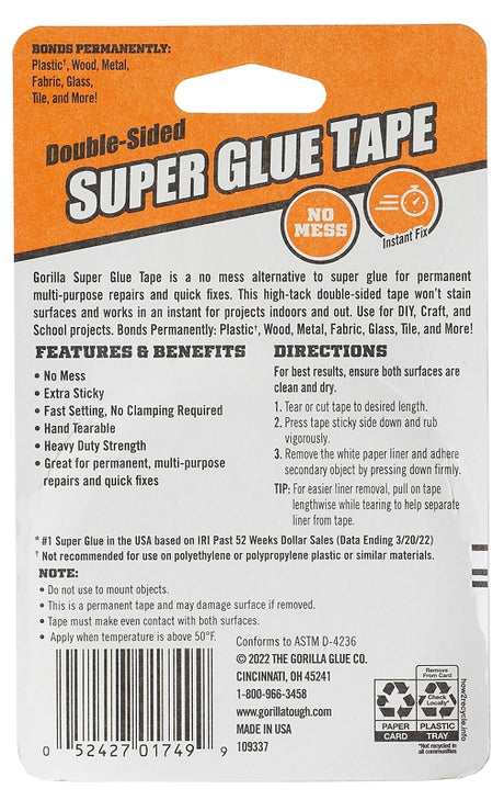 Gorilla 109340 Super Glue Tape, 20 ft L, 5/8 in W, Crystal Clear