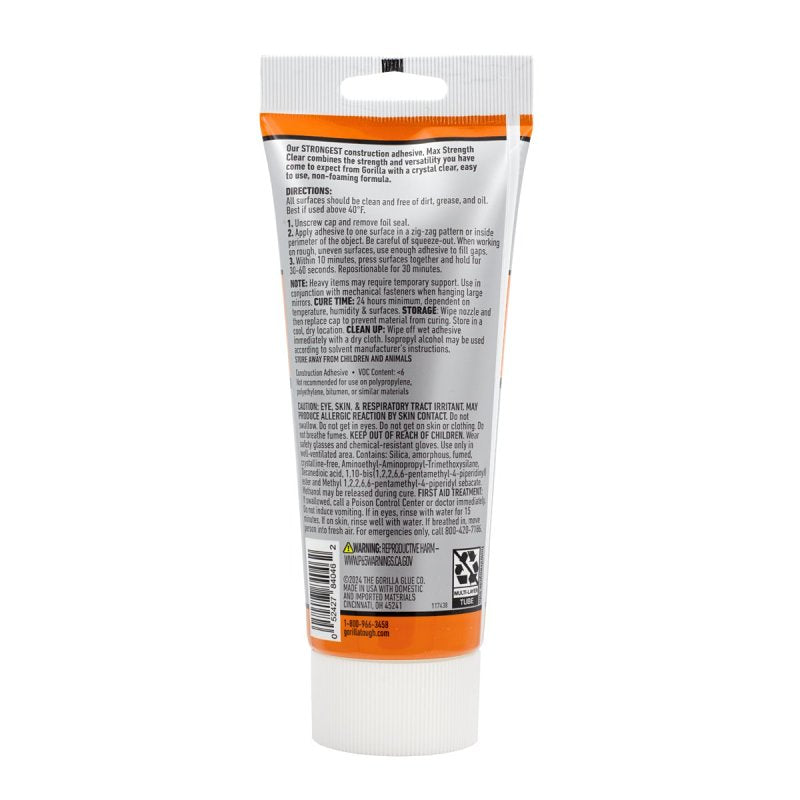 Gorilla 115106 All-Purpose Construction Adhesive, Clear, 7 oz Tube