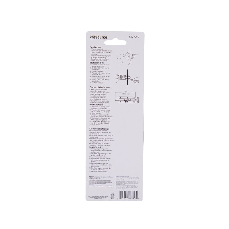 ProSource CL-702-PS Barrel Bolt, 0.31 Dia in Bolt Head, 6 in L Bolt, Brass Pin/Steel, Galvanized