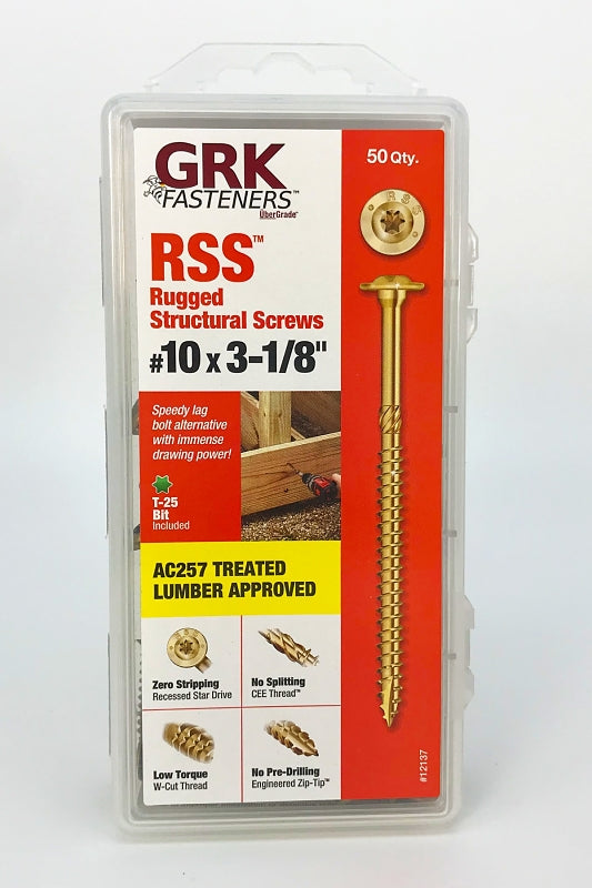 GRK Fasteners RSS 12137 Structural Screw, #10 Thread, 3-1/8 in L, Washer Head, Star Drive, Steel, 50 PK