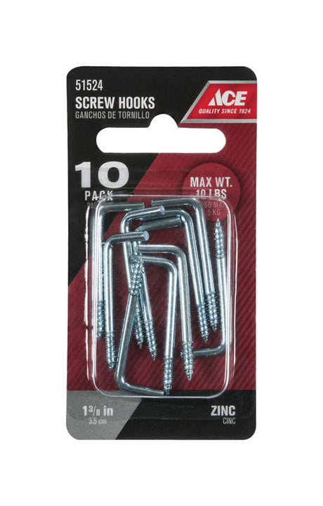 Ace Small Zinc-Plated Silver Steel 1.375 in. L Square Bend Screw Hook 10 lb 10 pk, Pack of 5
