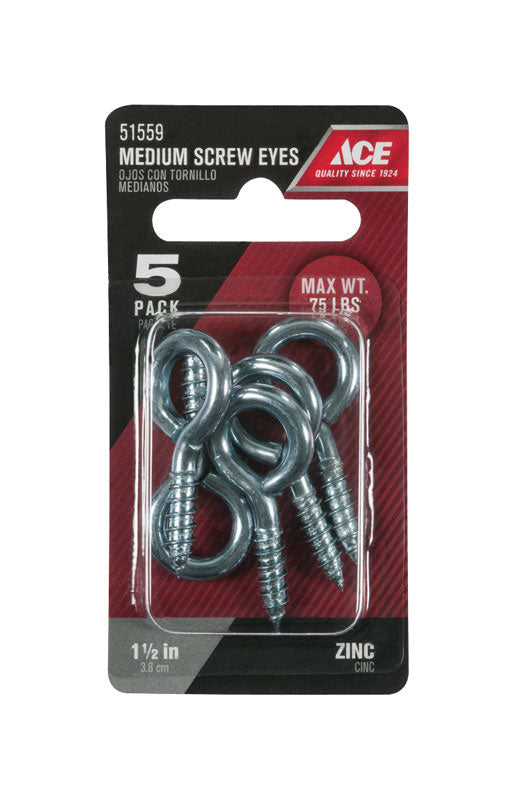 Ace 3/16 in. D X 1-1/2 in. L Zinc-Plated Steel Screw Eye 75 lb. cap. 5 pk, Pack of 5