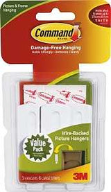 Command 17043 Picture Hanger, 5 lb, Plastic, White, Adhesive Strip, 3 in L x 1 in W x 1/4 in H, 4/PK