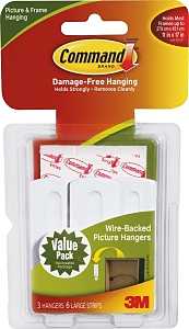 Command 17043 Picture Hanger, 5 lb, Plastic, White, Adhesive Strip, 3 in L x 1 in W x 1/4 in H, 4/PK