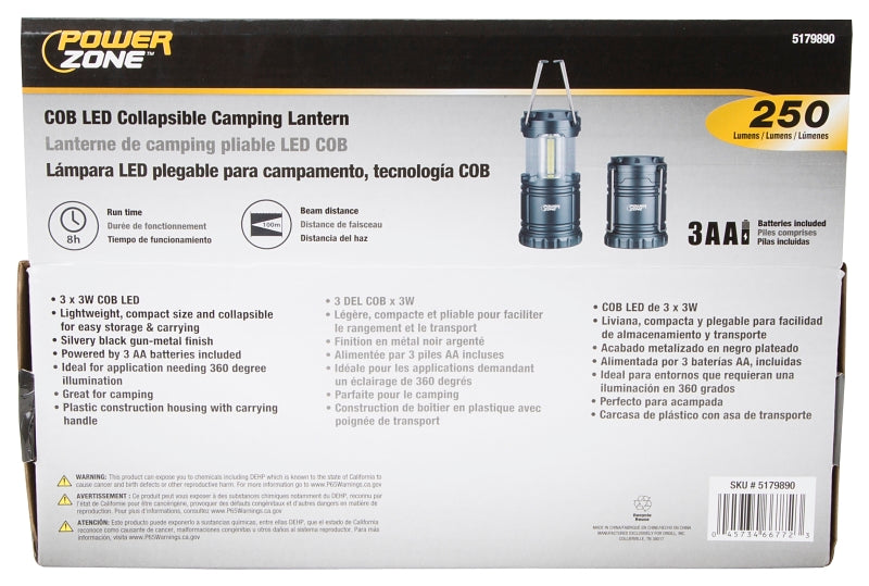PowerZone LP-6378-COB Collapsible Camping Lantern, LED Lamp, White, ABS, Silvery Black Gun-Metal Finish, Pack of 6