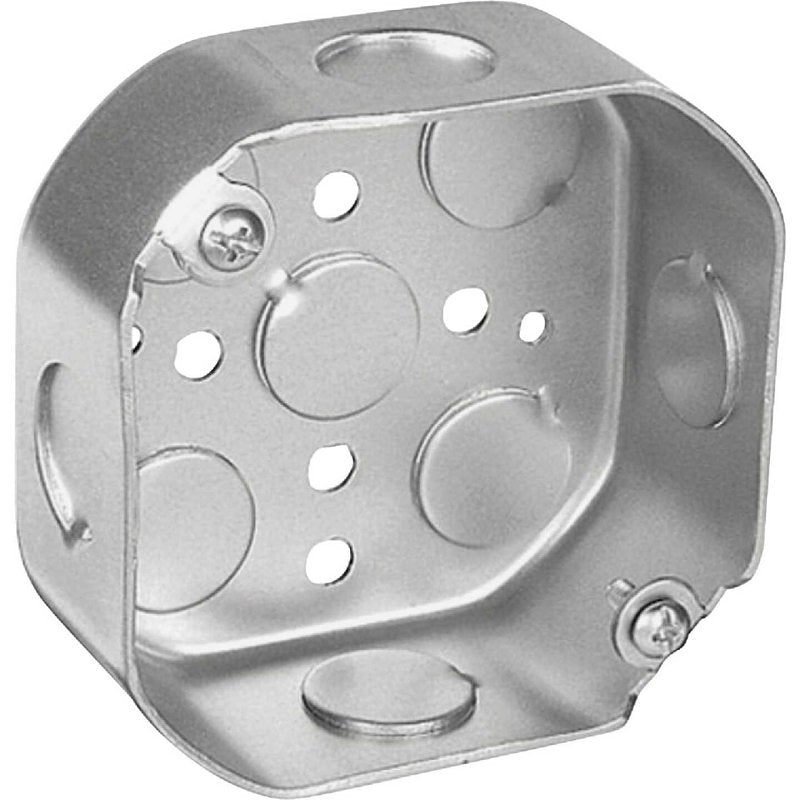 Southwire 24151-1/2-UPC Octagon Box, 4 in OAW, 1-1/2 in OAD, 4 in OAH, 5-Knockout, Steel Housing Material, Silver
