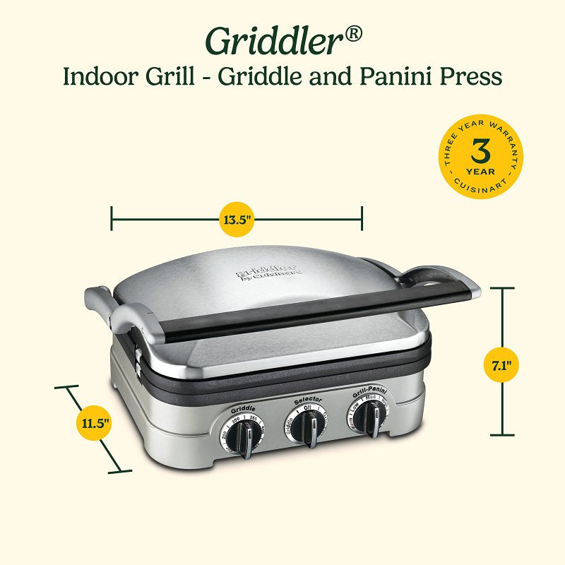 Cuisinart Griddler Series GR-4NNAS Indoor Griddle and Panini Press, 9 in W Cooking Surface, 11 in D Cooking Surface, 1500 W