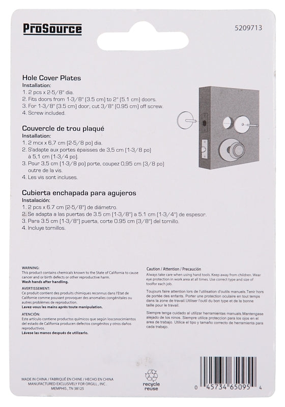ProSource HSH-021-PS Hole Cover Plate, Steel, Polished Brass, For: 1-3/8 to 2 Thick Doors in