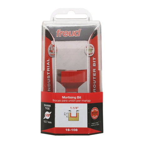 Freud 16-108 Mortising Bit, 1-1/4 in Dia Cutter, 1-1/4 in L Cutting, 2-3/8 in OAL, 1/2 in Dia Shank, 2-Cutter