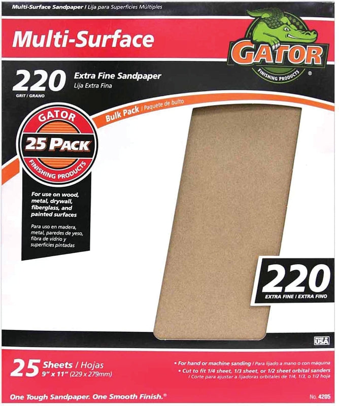 Gator 3260 Sanding Sheet, 11 in L, 9 in W, Extra Fine, 220 Grit, Aluminum Oxide Abrasive