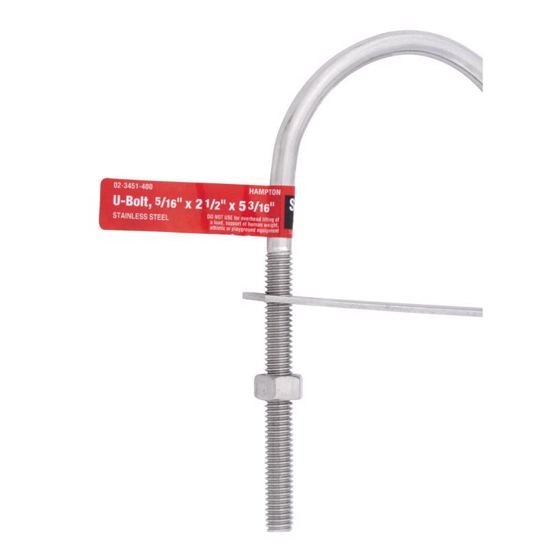 Hampton 5/16 in. X 2-1/2 in. W X 5-3/16 in. L Coarse Stainless Steel U-Bolt, Pack of 5