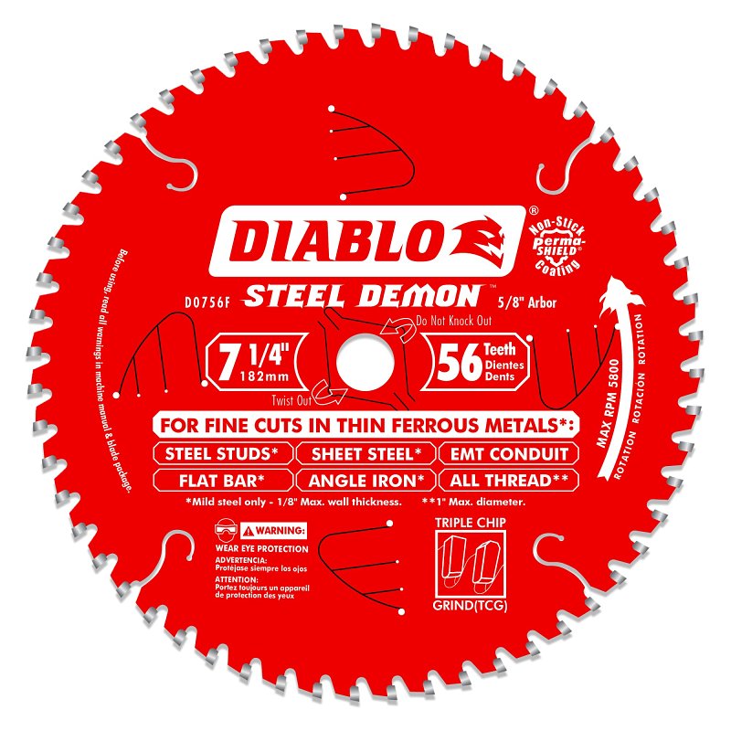 Diablo Steel Demon D0756F Circular Saw Blade, 7-1/4 in Dia, 5/8 in Arbor, 56-Teeth, Carbide Cutting Edge