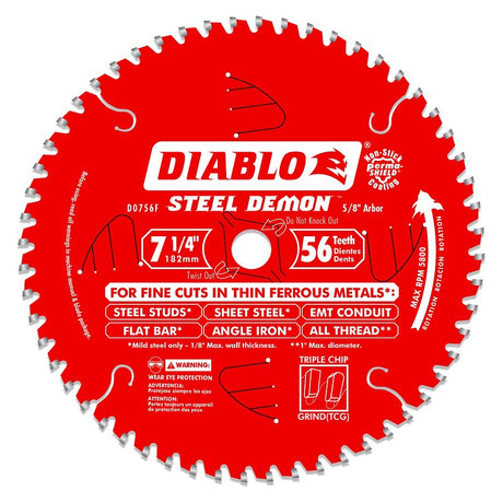 Diablo Steel Demon D0756F Circular Saw Blade, 7-1/4 in Dia, 5/8 in Arbor, 56-Teeth, Carbide Cutting Edge
