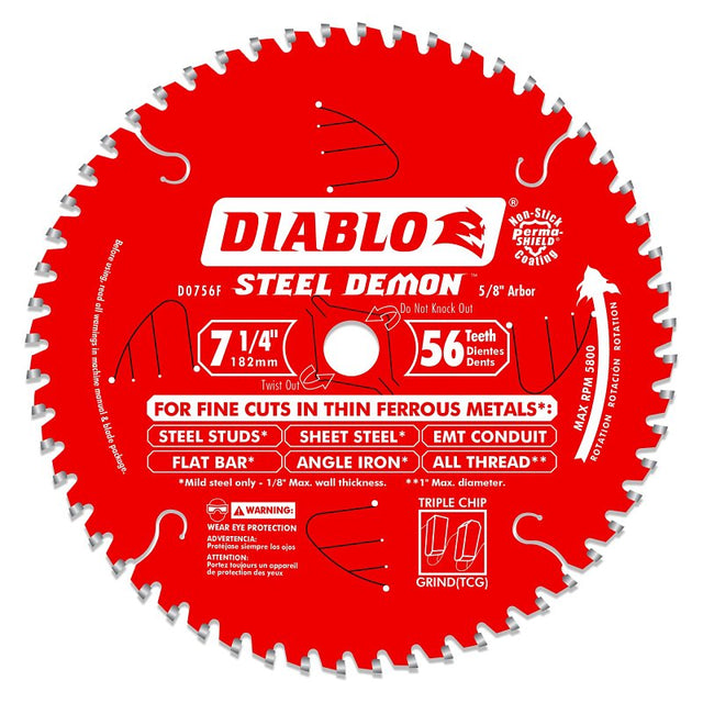 Diablo Steel Demon D0756F Circular Saw Blade, 7-1/4 in Dia, 5/8 in Arbor, 56-Teeth, Carbide Cutting Edge