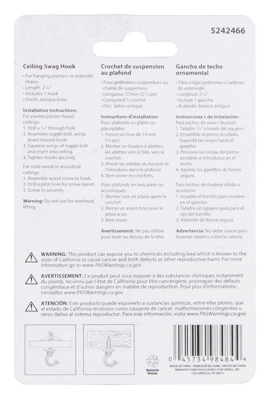 Landscapers Select GB0073L Ceiling Hook, 2-1/2 in L, Zinc Alloy, Antique Brass, Antique Brass, Wall