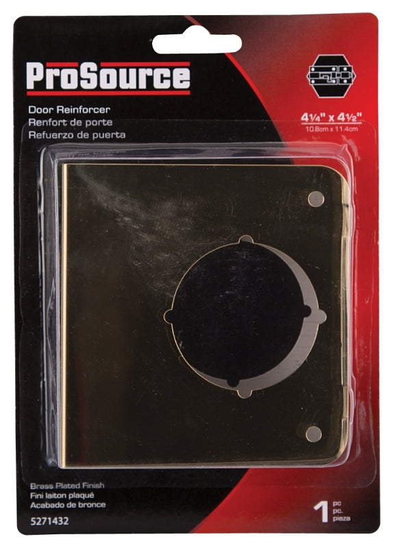ProSource HSH-046SBP-PS Door Reinforcer, 2-3/4 in Backset, 1-3/4 in Thick Door, Steel, Brass, 4-1/2 in H, 4-1/4 in W