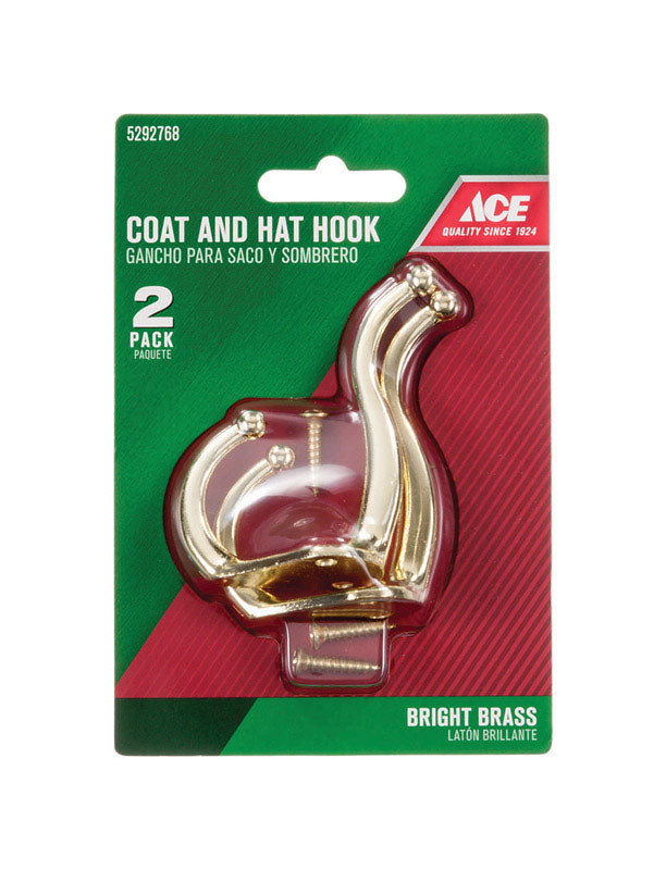 Ace 3 in. L Bright Brass Gold Brass Small Coat and Hat Hook 2 pk, Pack of 5