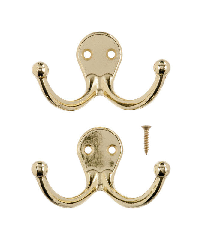 Ace 1-3/4 in. L Bright Brass Yellow Brass Small Double Garment Hook 2 pk, Pack of 5