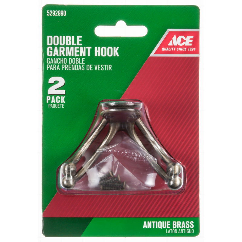Ace 1-3/4 in. L Antique Brass Yellow Brass Small Double Garment Hook 2 pk, Pack of 5