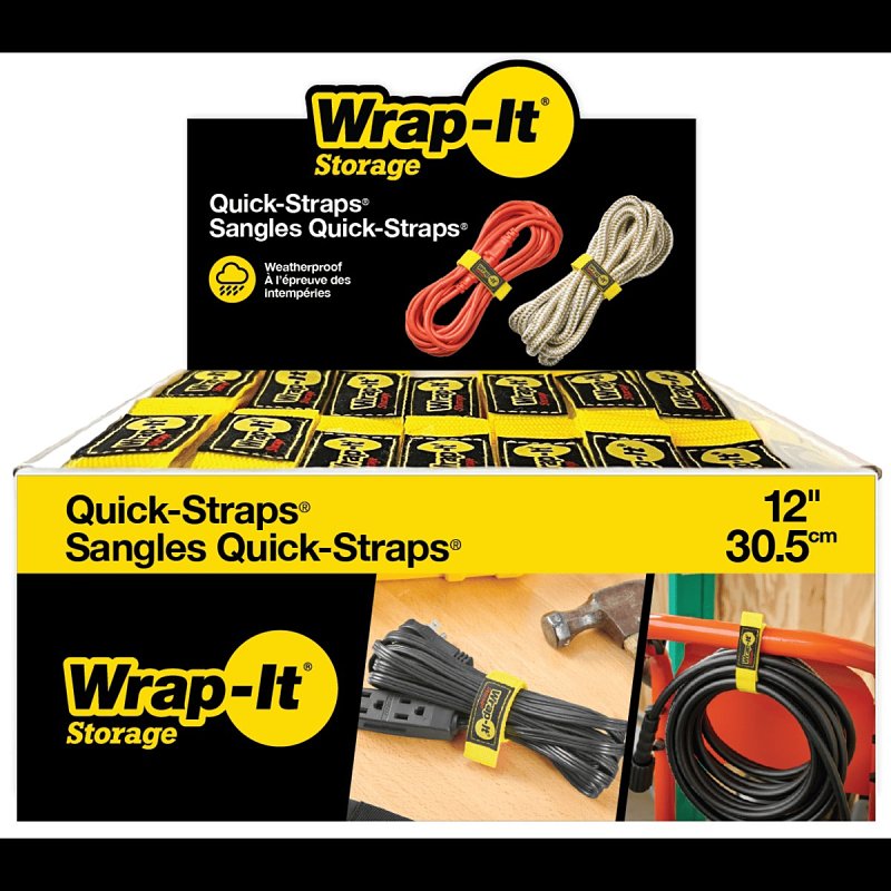 Wrap-It Storage 100-BS-12YE Cable Wrap, 1 in W, 12 in L, Polypropylene, Yellow, Hook and Loop Adhesive, Pack of 48