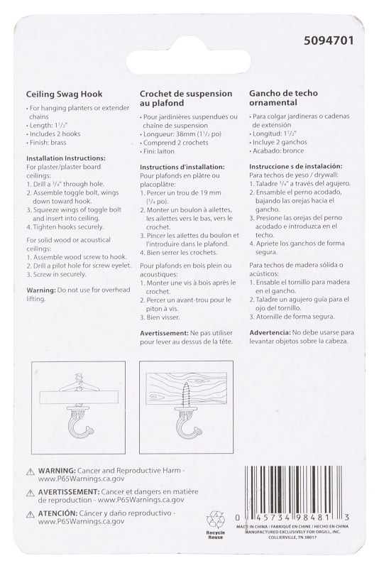 Landscapers Select GB0093L Ceiling Hook, 2-3/16 in H, Zinc, White, White, Ceiling