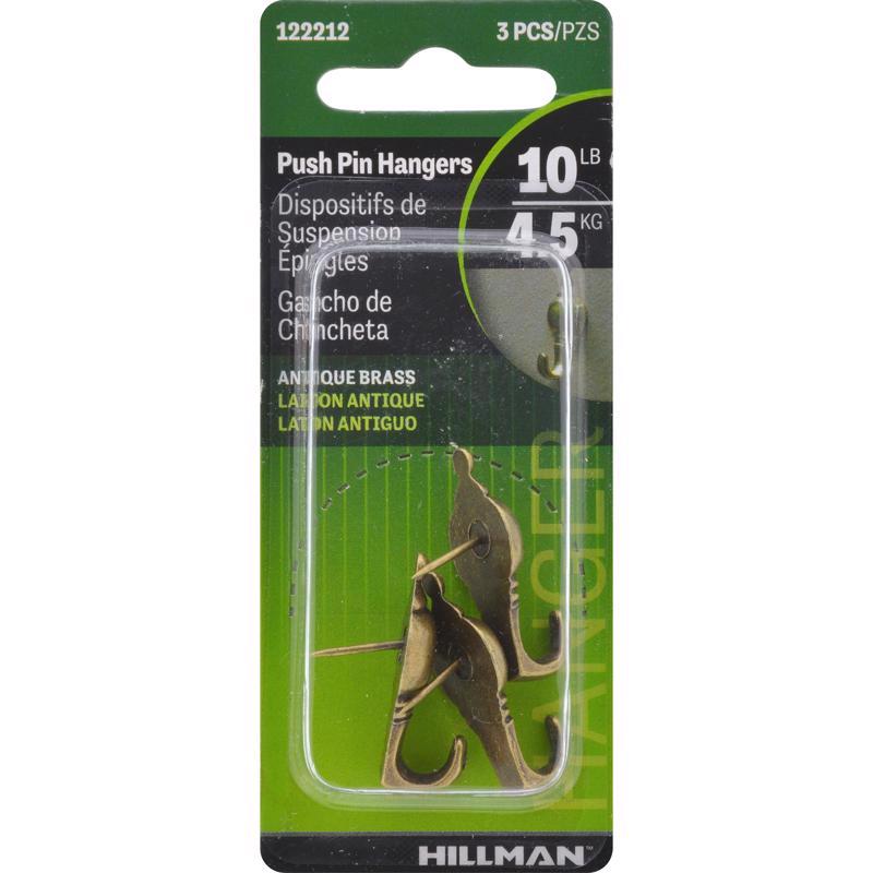 HILLMAN Antique Brass Gold Push Pin Picture Hook 10 lb 3 pk, Pack of 10