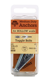 HILLMAN 1/4 in. D X 3 in. L Round Steel Toggle Bolt 1 pk, Pack of 6