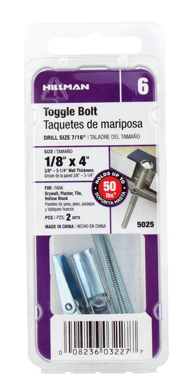HILLMAN 1/8 in. D X 4 in. L Round Steel Toggle Bolt 2 pk, Pack of 6