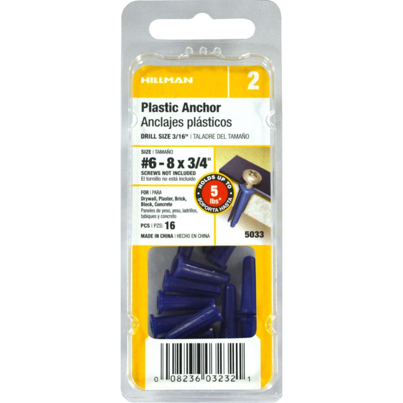 HILLMAN .138 in. D X 3/4 in. L Plastic Pan Head Conical Anchor 16 pk, Pack of 10