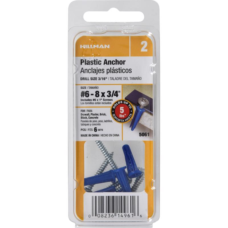 HILLMAN .138 in. D X 3/4 in. L Plastic Pan Head Conical Anchor 6 pc, Pack of 10