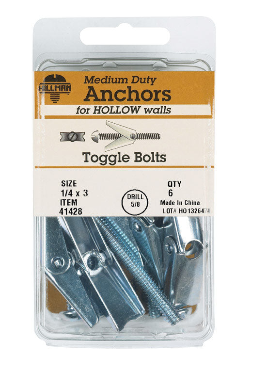 HILLMAN 1/4 in. D X 3 in. L Round Steel Toggle Bolt 6 pk, Pack of 5