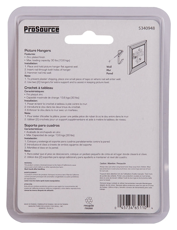 ProSource PH-121030-PS Picture Hanger, 30 lb, Steel, Zinc, Zinc, Nail-In Mounting
