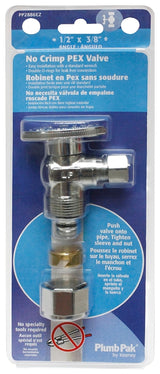 Plumb Pak PP2886EZ No Crimp Angle Stop Valve, 1/2 x 3/8 in Connection, PEX Barb x Compression, Brass Body