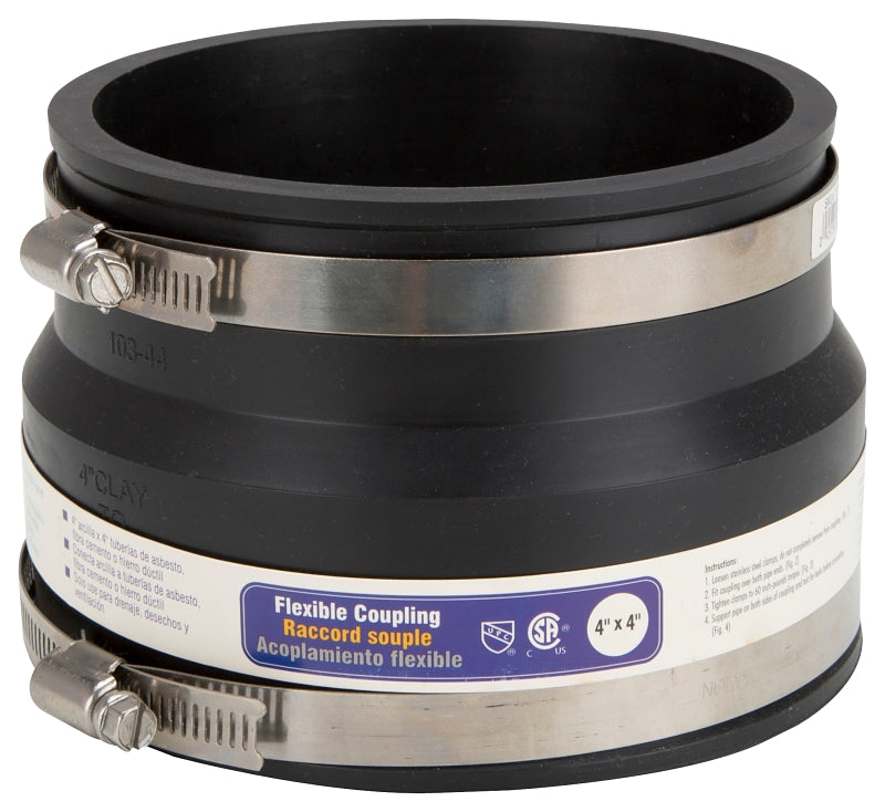 ProSource KJ-017 Coupling, 4 x 4 in, Clay to Asbestos Cement Fiber or Ductile Iron Pipes, PVC, Black