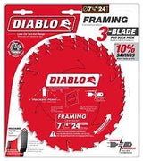 Diablo D0724X3 Saw Blade, 7-1/4 in Dia, 5/8 in Arbor, 24-Teeth, Applicable Materials: Wood