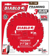 Diablo D0724X3 Saw Blade, 7-1/4 in Dia, 5/8 in Arbor, 24-Teeth, Applicable Materials: Wood