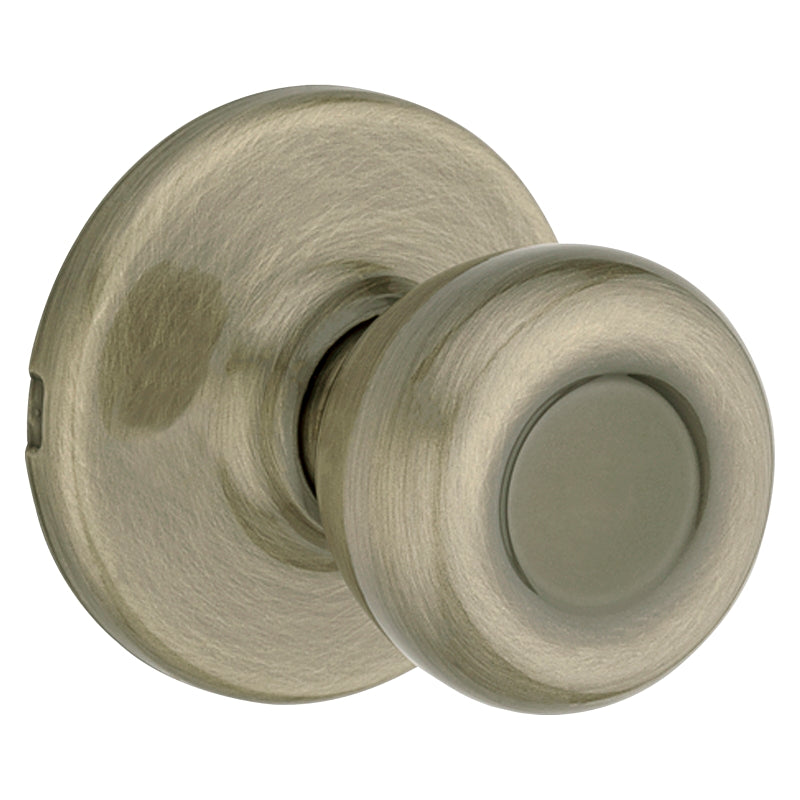 Kwikset 200T 5CP Passage Knob, Metal, Antique Brass, 2-3/8 to 2-3/4 in Backset, 1-3/8 to 1-3/4 in Thick Door