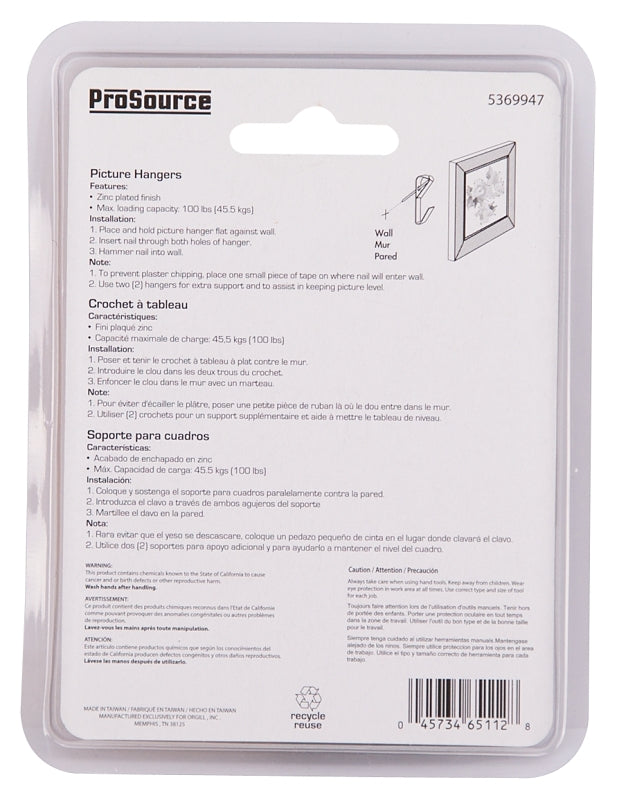 ProSource PH-121100-PS Picture Hanger, 100 lb, Steel, Zinc, Zinc, Nail-In Mounting