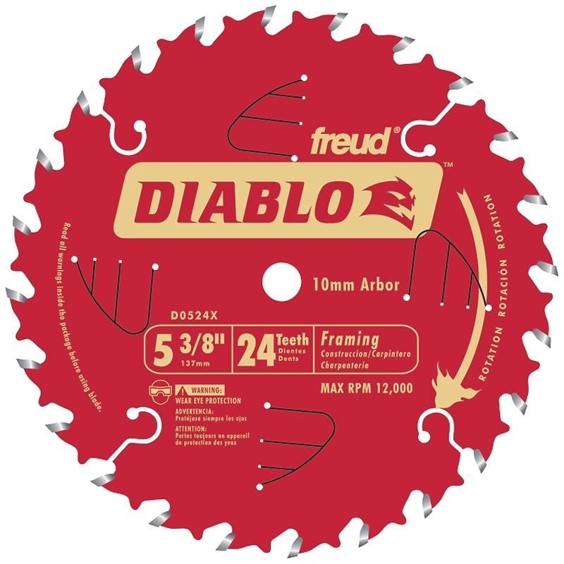 Diablo D0524X Circular Saw Blade, 5-3/8 in Dia, 0.393 in Arbor, 24-Teeth, Carbide Cutting Edge