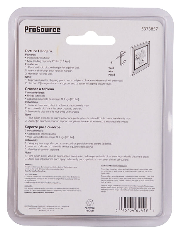 ProSource PH-122308-PS Picture Hanger, 20 lb, Steel, Polished Brass, Brass, Nail-In Mounting