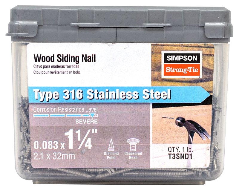 Simpson Strong-Tie T3SND1 Wood Siding Nail, 3D, 1-1/4 in L, Stainless Steel, Full Round Head, 1 lb, 1/lb