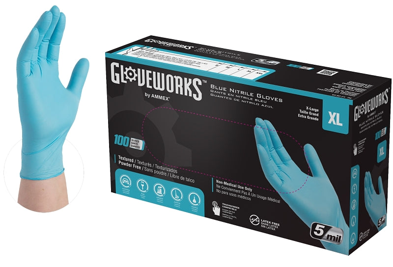 Gloveworks INPF48100 Non-Sterile Disposable Gloves, XL, Nitrile, Powder-Free, Blue, 9-1/2 in L