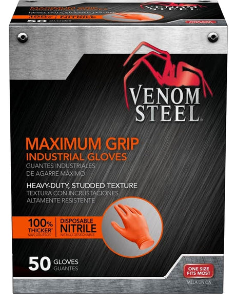 Venom Steel Maximum Grip Series VEN6085 Gloves, One-Size, Nitrile, Powder-Free, High-Visibility Orange, 9-1/2 in L