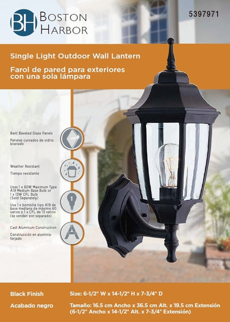 Boston Harbor BRT-BPP1611-BK Outdoor Wall Lantern, 120 V, 60 W, A19 or CFL Lamp, Aluminum Fixture, Black