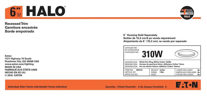 Halo Coilex 310W Baffle Trim, 6 in Dia, 3-1/16 in OAH, Phenolic Body, White, For: H7ICAT, H7ICT, H7RICAT and H7T Housing