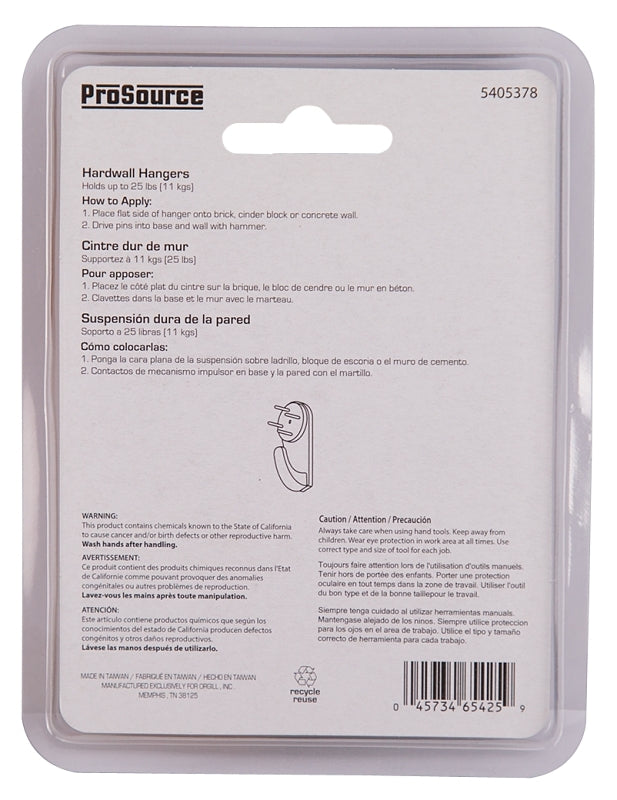 ProSource PH-121122-PS Picture Hanger, 25 lb, Plastic, White, White, Nail-In Mounting